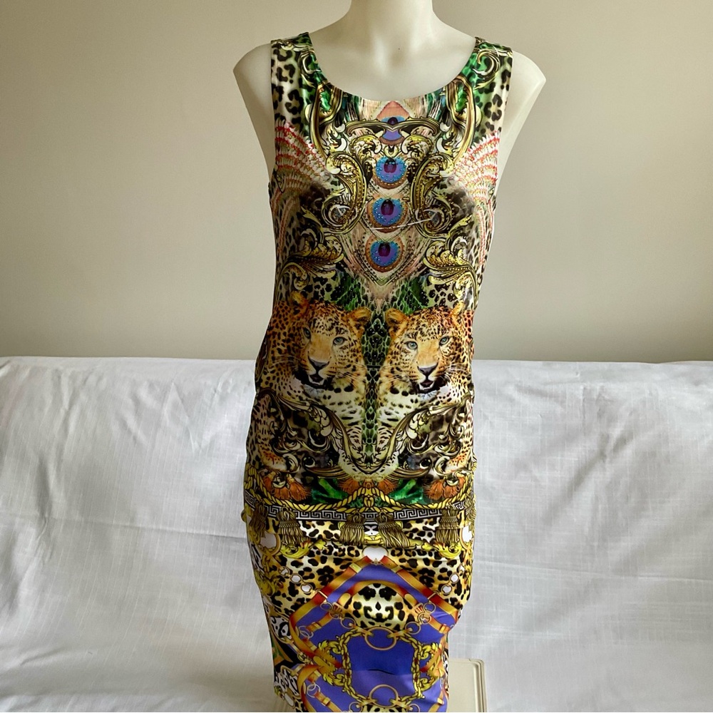 Crimson Ivy | Leopard Baroque Rhinestone Bodycon Midi Dress Made USA | L